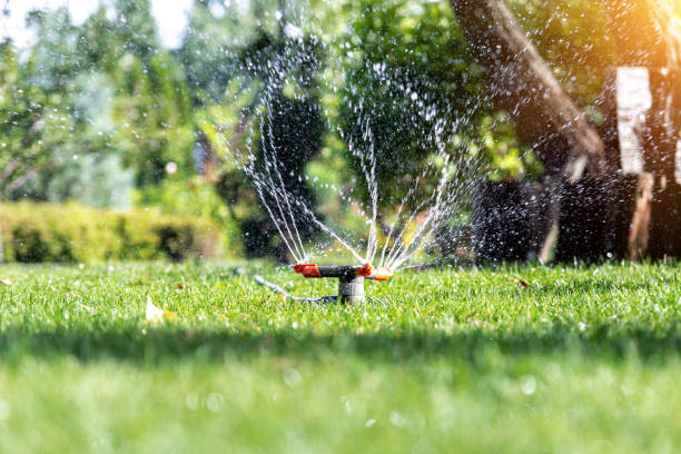 Landscape automatic garden watering system with different rotating sprinklers installed on turf. Landscape design with lawn and fruit garden irrigated with smart autonomous sprayers at sunset time.