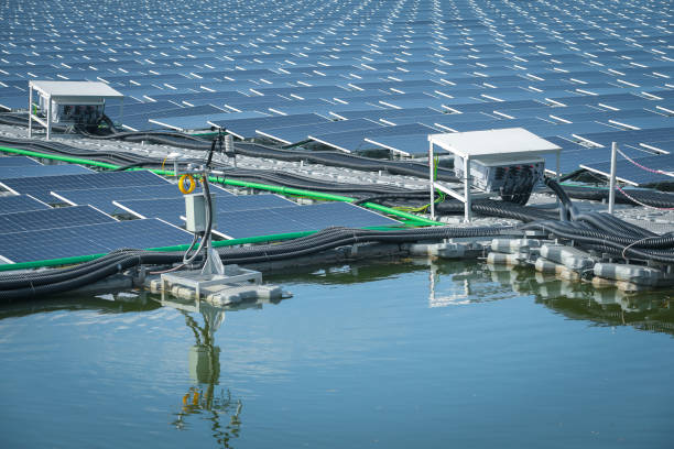 The solar panels or solar cells on buoy floating. Power plant with water, renewable energy source. Eco technology for electric power in industry. Alternative renewable energy for the future world.